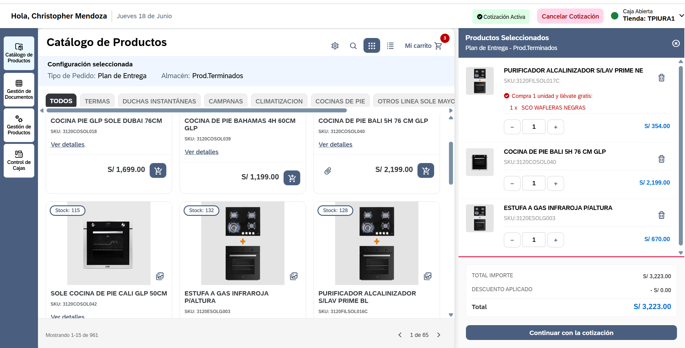 Pantalla de VentaPRO mostrando una cotización activa con productos seleccionados y total en soles